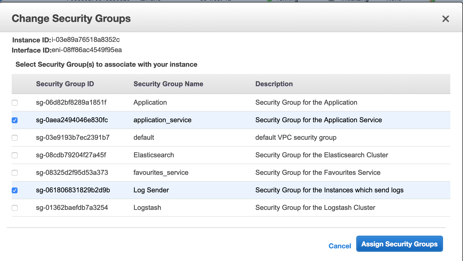 screenshot of instance with 2 security groups