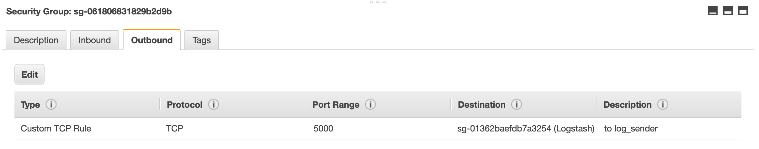 logsender security group outbound rules screenshot